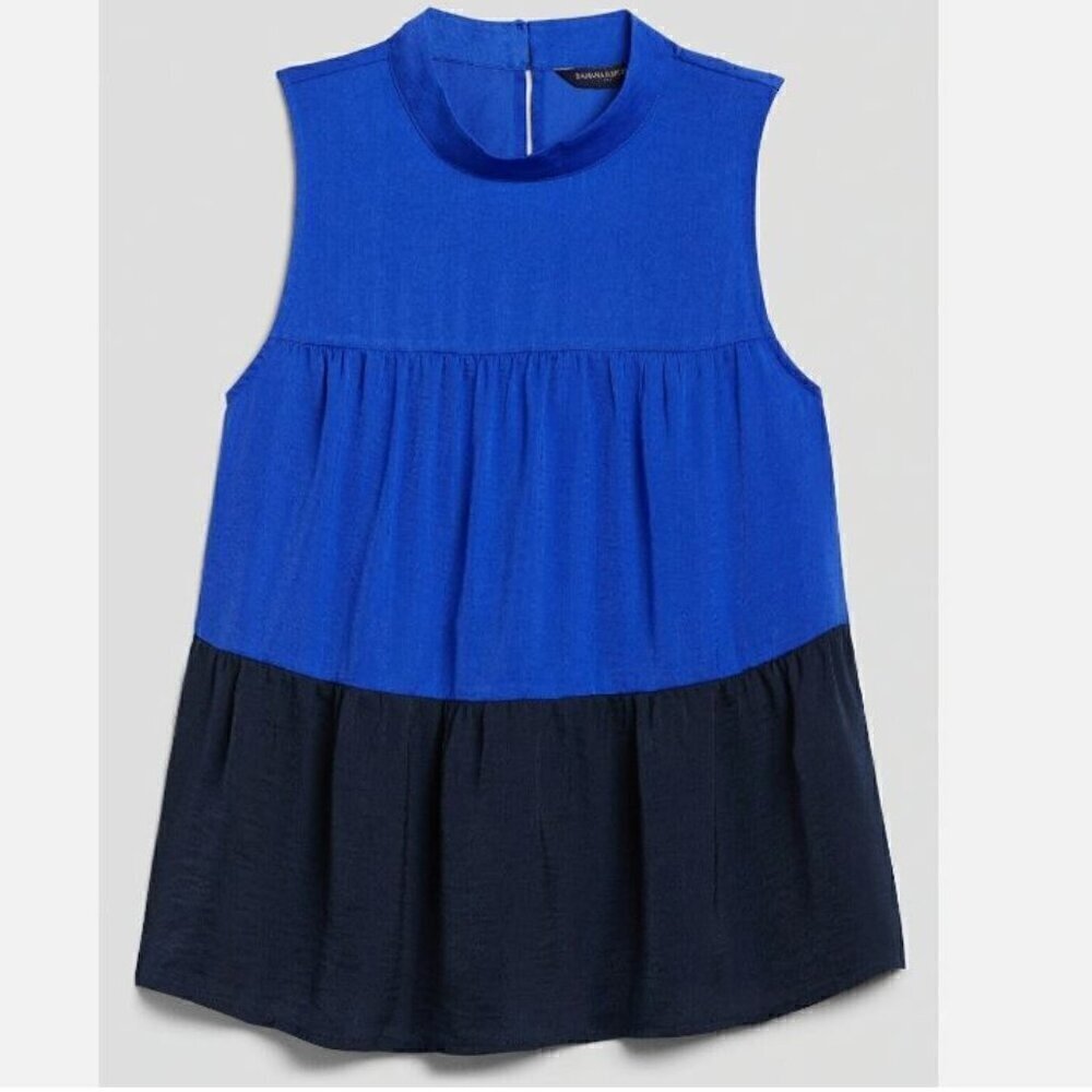 Banana Republic Blue Black Colorblock Ruffle Tiered Size LARGE Top RT$65 NWT